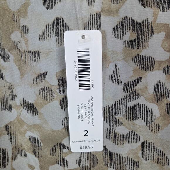 Chicos Asymmetrical Jayma Animal Print Blouse L Desert Beige Sheer Layer Top NWT - Picture 6 of 12